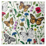Wilde Blume und Schmetterlinge auf Weiß Fliese<br><div class="desc">Handgemalte Sammlung von verschiedenen Schmetterlingen und wilden Blume.</div>