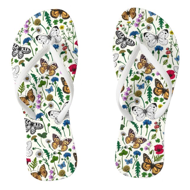 Wilde Blume und Schmetterlinge auf Weiß Flip Flops (Fußbett)