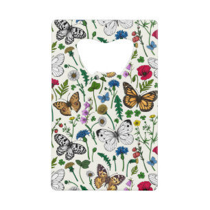 Wilde Blume und Schmetterlinge auf Weiß Geldbeutel Flaschenöffner
