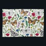 Wilde Blume und Schmetterlinge auf Weiß Geschirrtuch<br><div class="desc">Handgemalte Sammlung von verschiedenen Schmetterlingen und wilden Blume.</div>