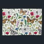 Wilde Blume und Schmetterlinge auf Weiß Geschirrtuch<br><div class="desc">Handgemalte Sammlung von verschiedenen Schmetterlingen und wilden Blume.</div>