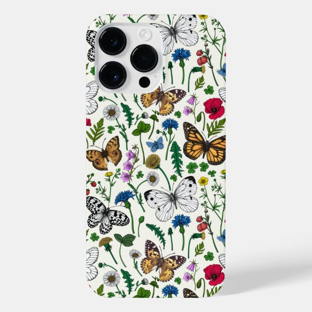 Wilde Blume und Schmetterlinge auf Weiß iPhone Hülle (Rückseite)