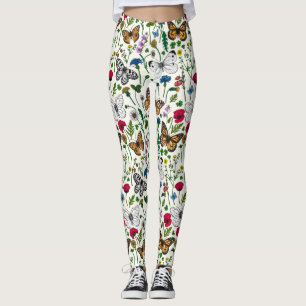 Wilde Blume und Schmetterlinge auf Weiß Leggings
