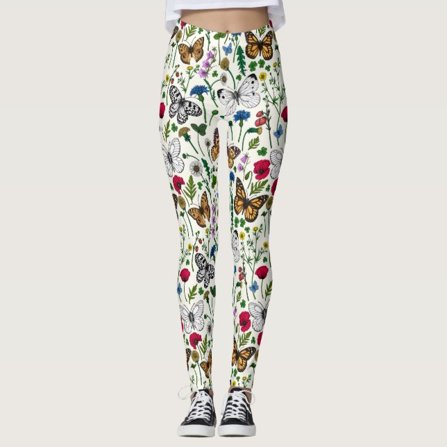 Wilde Blume und Schmetterlinge auf Weiß Leggings (Vorderseite)