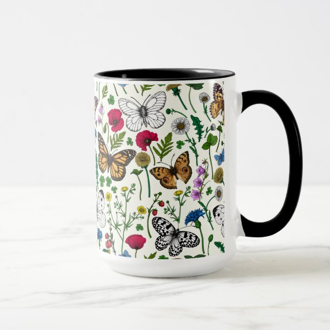 Wilde Blume und Schmetterlinge auf Weiß Tasse (Rechts)