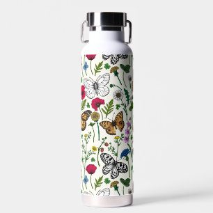 Wilde Blume und Schmetterlinge auf Weiß Trinkflasche
