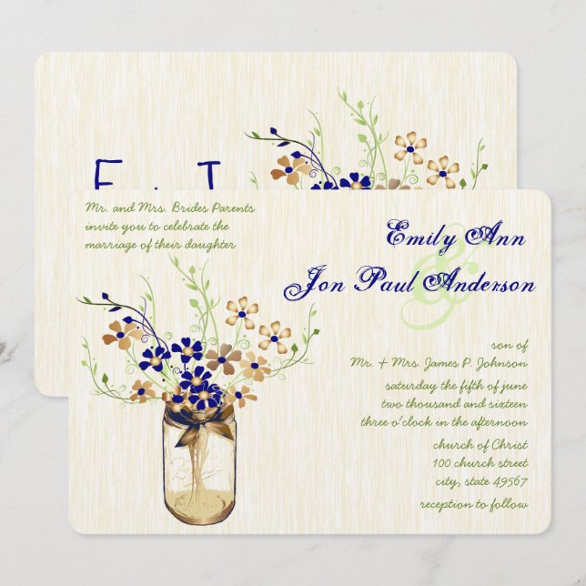 Wilde Blume von Navy Copper und Green Mason Jar Einladung (Vorne/Hinten)