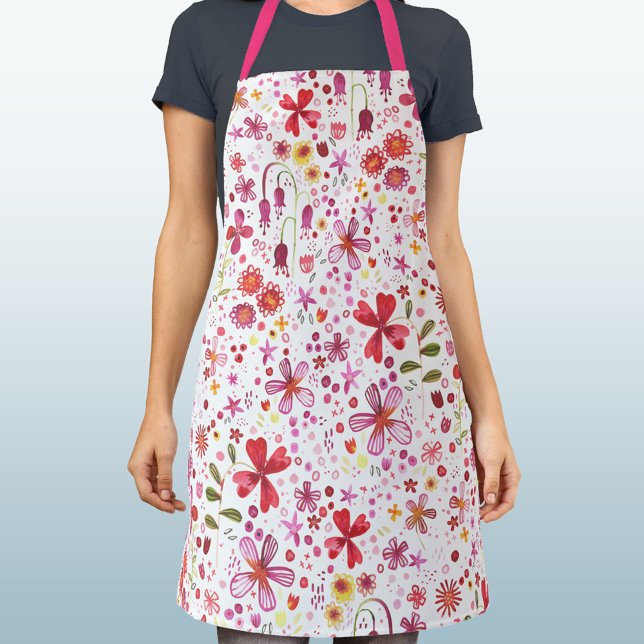 Wilde Blume Wasserfarbe Botanisches Rosa Rot Weiß Schürze (Modern watercolor wildflower pattern apron in red, pink sage green and white)