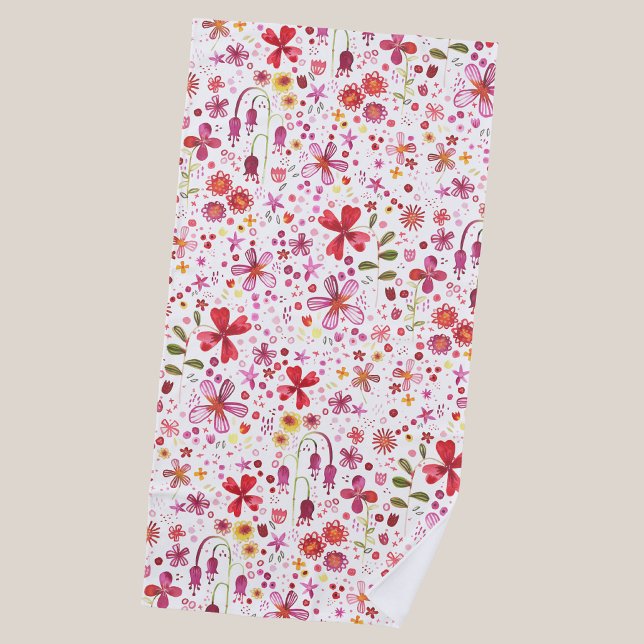 Wilde Blume Wasserfarbe Strandtuch (Modern watercolor floral pink and white art beach towel)
