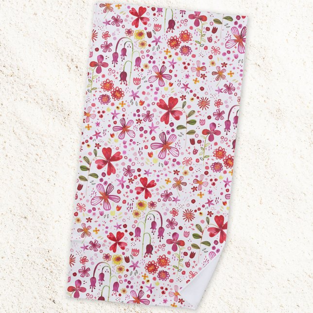 Wilde Blume Wasserfarbe Strandtuch (Modern watercolor floral pink and white art beach towel)