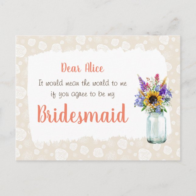 Wilde Blume werden Sie meine Bridesmaid-Karte sein Einladungspostkarte (Vorderseite)