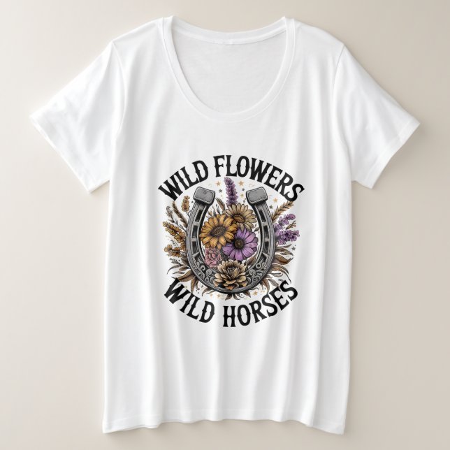 Wilde Blume Wilde Pferde Große Größe T-Shirt (Design vorne)