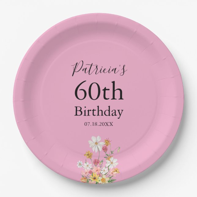 Wilde Blumen 60. Geburtstag Pink Party Pappteller (Vorderseite)