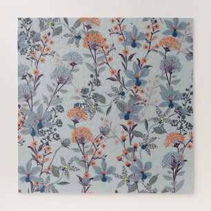 Wilde Blumen auf Blau, botanisches Muster. Puzzle