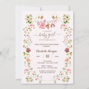 Wilde Blumen auf der Wäscheleine Baby Shower-Einla Einladung