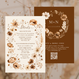 Wilde Blumen Erdtöne QR-Code Hochzeitsdetails Begleitkarte