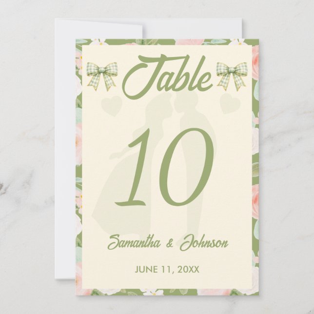 Wilde-Blumen-Grün-Gingham-Bogen-Hochzeitstisch-Num Einladung (Vorderseite)