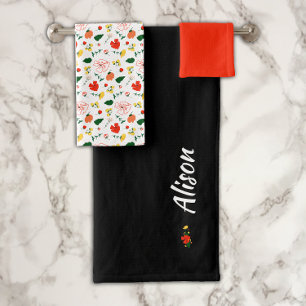 Wilde Blumen grün weiß rot schwarz Badhandtuch Set