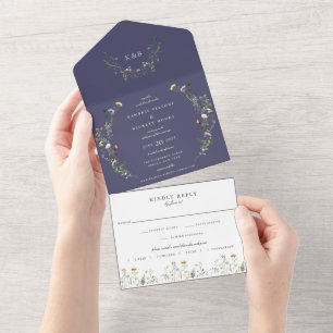 Wilde Blumen Hochzeit Navy Blau All In One Einladung