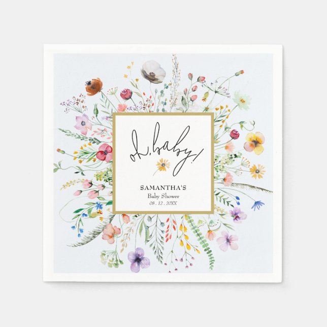 Wilde Blumen Junge Baby Shower Blau Serviette (Vorderseite)