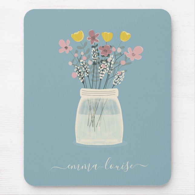 Wilde Blumen Mason Jar Handgeschriebene Monogramm Mousepad (Vorne)