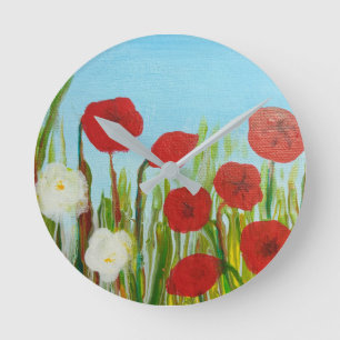 Wilde Blumen Mohn und Gänseblümchen Runde Wanduhr