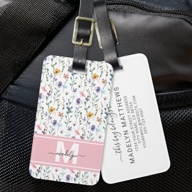 Wilde-Blumen-Monogramm Gepäckanhänger (Elegant Watercolor Wildflower Monogram Luggage Tag)