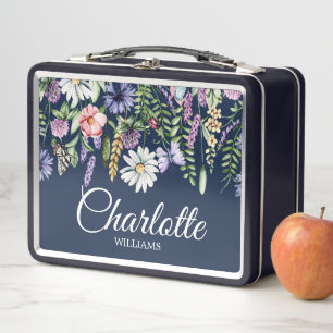 Wilde Blumen Navy Blau Personalisierte Kinder Metall Brotdose