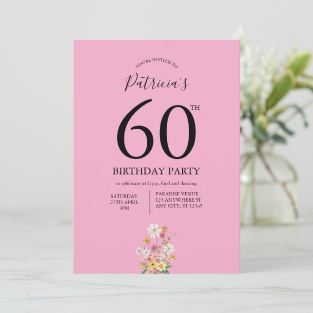 Wilde Blumen Rosa 60. Geburtstag Einladung (Stehend Vorderseite)