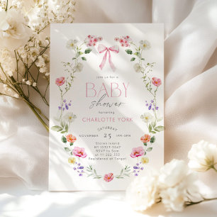 Wilde Blumen Rosa Schleife Elegante Babyparty Einladung