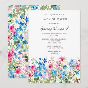Wilde Blumen Rosa und Blaue Blumen Baby-Party Einladung