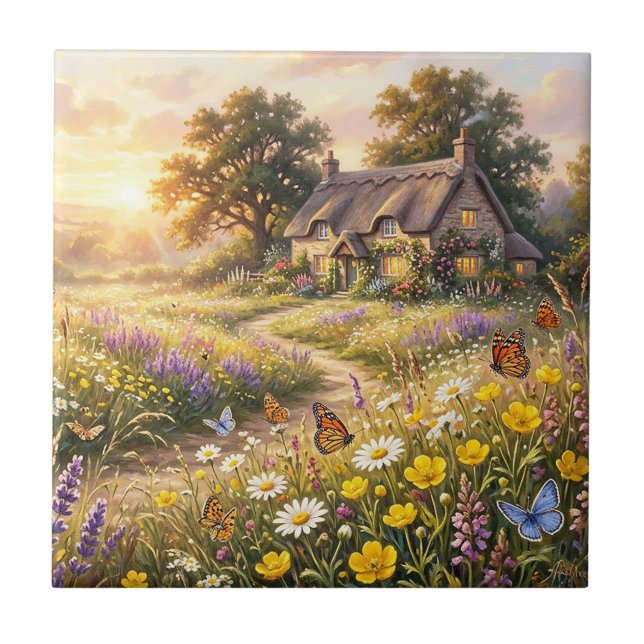 Wilde Blumen und ein süßes Cottage Fliese (Vorderseite)