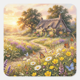 Wilde Blumen und ein süßes Cottage Quadratischer Aufkleber