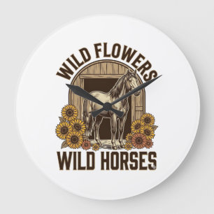 Wilde Blumen Wilde Pferde Vintage Western-Shirt De Große Wanduhr