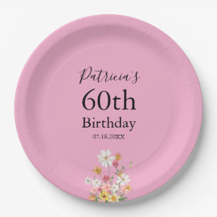 Wilde Blumen zum 60. Geburtstag Pink Party Pappteller