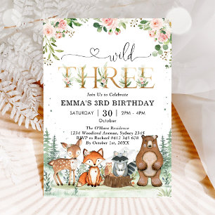 Wilde Drei Waldparty-Tiere 3. Geburtstag Einladung
