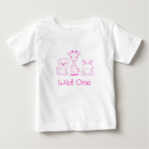 "Wilde Eins" Giraffe, Löwe, Nilpferd rosa Umrandun Baby T-shirt