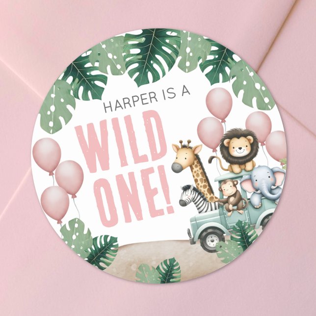 Wilde Eins Rosa Safari 1. Geburtstag Runder Aufkleber (Wild One Pink Safari 1st Birthday Classic Round Sticker)
