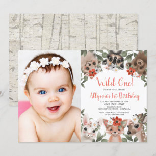Wilde Einwaldtiere Mädchen 1. Geburtstag Foto Einladung
