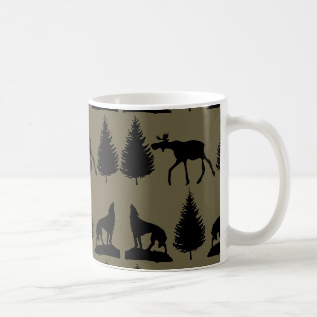 Wilde Elch-Wolf-Kiefer-rustikales TAN-Schwarzes Kaffeetasse (Rechts)