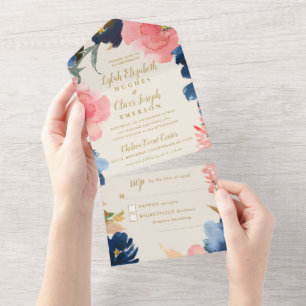 Wilde Eleganz Navy-Blush- und Gold-Hochzeit All In One Einladung
