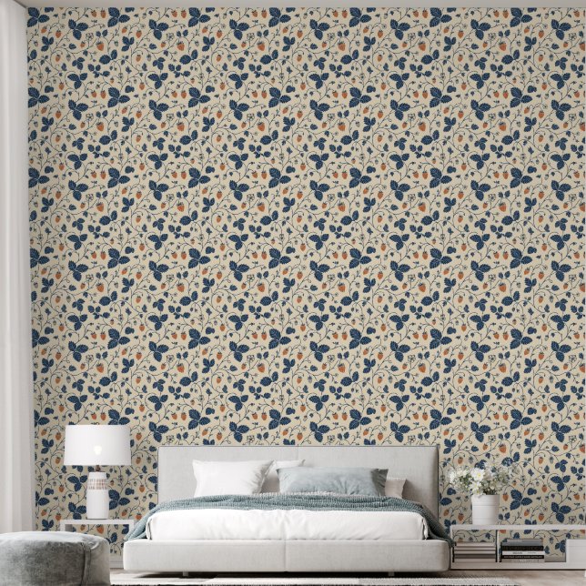 Wilde Erdbeer-Ledger Vintage-Botanik  Tapete (Schlafzimmer)