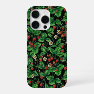 Wilde Erdbeeren auf Schwarz iPhone 16 Pro Hülle