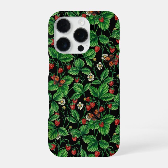 Wilde Erdbeeren auf Schwarz iPhone Hülle (Rückseite)