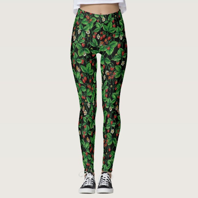 Wilde Erdbeeren auf schwarz Leggings (Vorderseite)