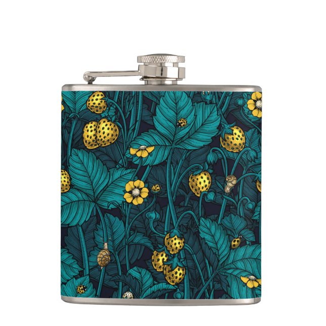 Wilde Erdbeeren, gelb und blau Flachmann (Vorderseite)