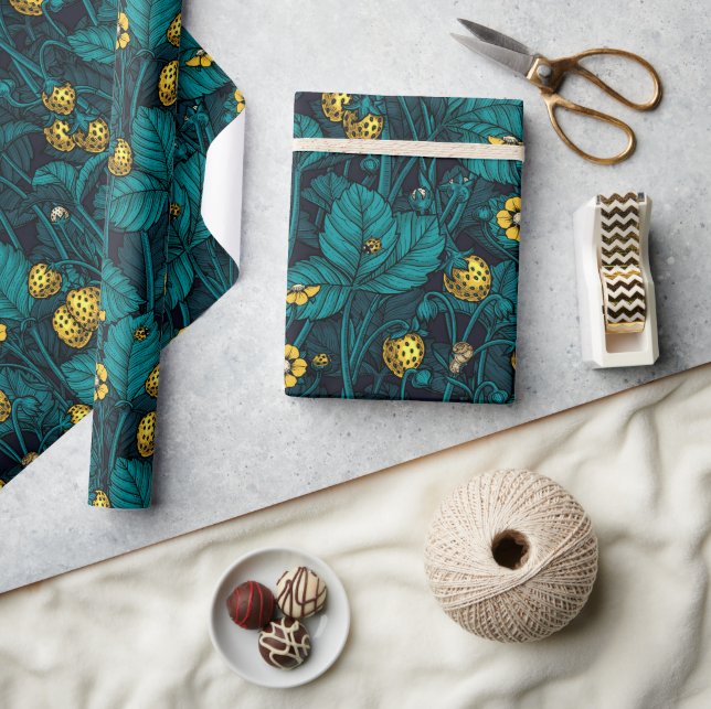 Wilde Erdbeeren, gelb und blau Geschenkpapier (Basteln)