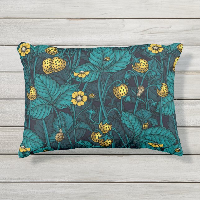 Wilde Erdbeeren, gelb und blau Kissen Für Draußen (Vorderseite)