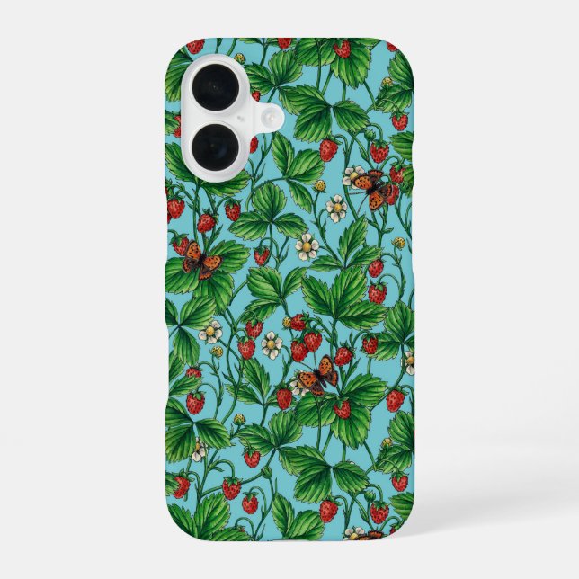 Wilde Erdbeeren in Poolblau iPhone 16 Hülle (Rückseite)