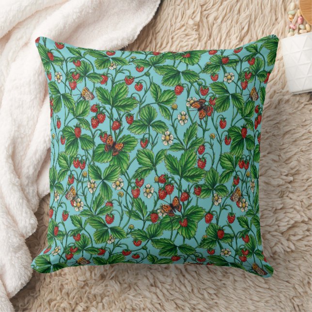 Wilde Erdbeeren in Poolblau Kissen (Decke)